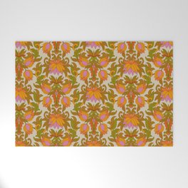 Orange, Pink Flowers and Green Leaves 1960s Retro Vintage Pattern Welcome Mat