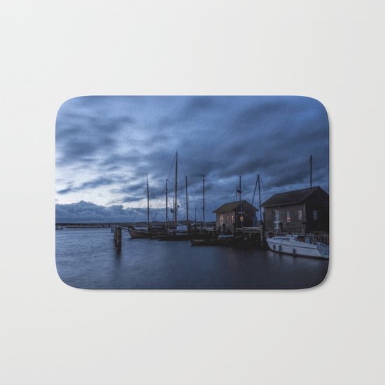 Blue hour at harbour Bath Mat