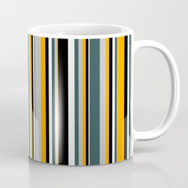 [ Thumbnail: Eyecatching Orange, Grey, Dark Slate Gray, White, and Black Colored Lined Pattern Coffee Mug ]
