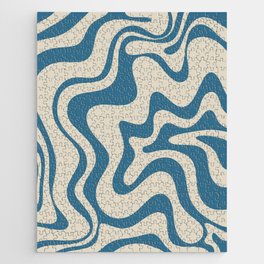 Retro Liquid Swirl Abstract Pattern in Boho Blue and Beige  Jigsaw Puzzle