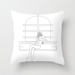 "Nudes by the Window" - Single Line Drawing of Nude Woman with Camera Throw Pillow