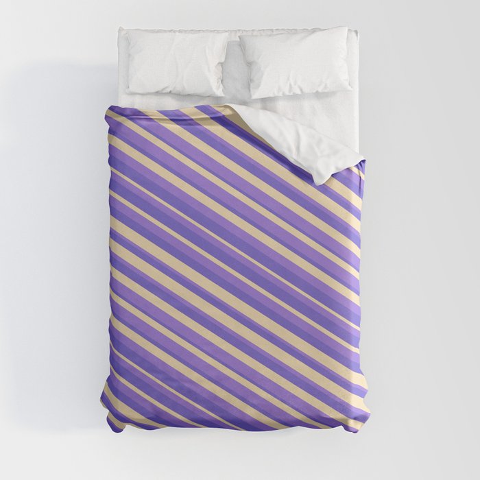 Purple, Slate Blue, and Tan Colored Striped Pattern Duvet Cover