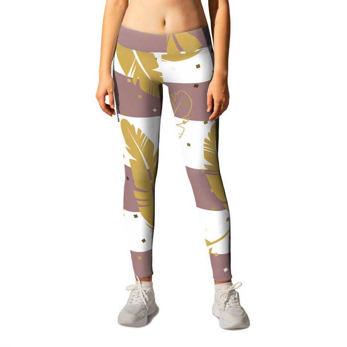golden Feathers and Rosy Brown on White Leggings