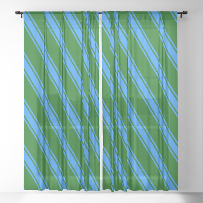 Dark Green and Blue Colored Lines Pattern Sheer Curtain