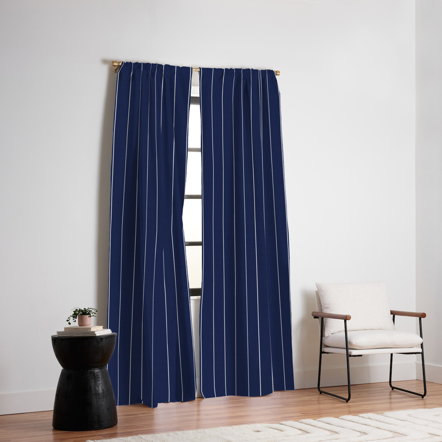Navy Blue Pinstripes Line Minimal Blackout Curtain By