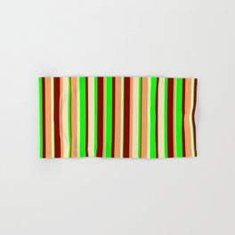 [ Thumbnail: Brown, Bisque, Lime & Maroon Colored Pattern of Stripes Hand & Bath Towel ]
