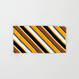 [ Thumbnail: Mint Cream, Orange, Brown & Black Colored Lines/Stripes Pattern Hand & Bath Towel ]