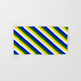 [ Thumbnail: Yellow, Light Cyan, Blue, and Dark Green Colored Lined Pattern Hand & Bath Towel ]