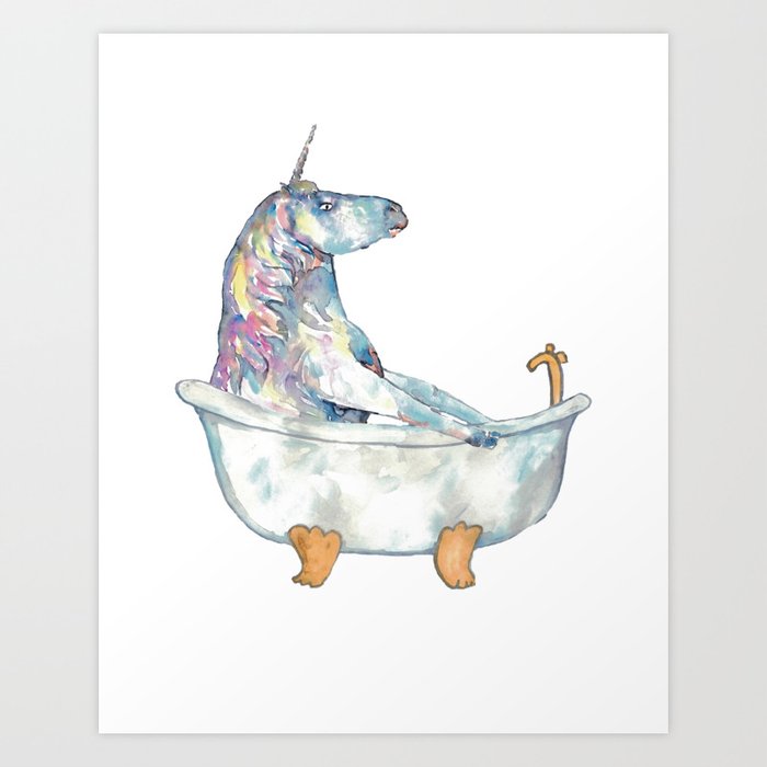 Unicorn taking bath painting watercolour Art Print