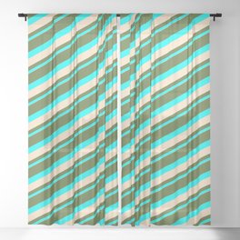 [ Thumbnail: Dark Olive Green, Cyan & Bisque Colored Lined Pattern Sheer Curtain ]