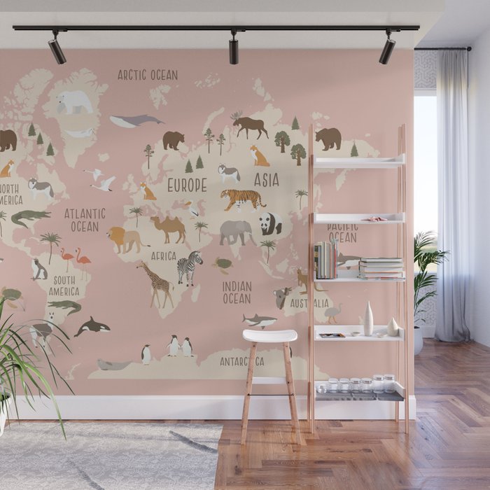 Animal World Map in Pink Wall Mural