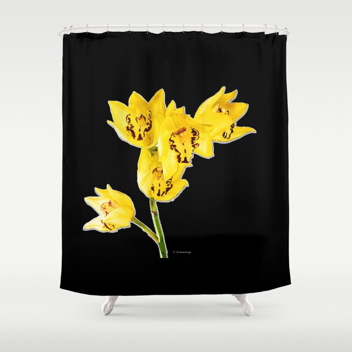 Yellow Orchids On Black Background Floral Art Shower Curtain