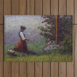 Ave Maria, lonely female portrait amid alps and flowering fruit trees painting by Angelo Morbellia Outdoor Rug