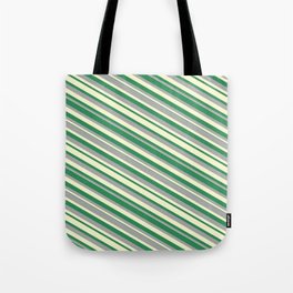 [ Thumbnail: Sea Green, Dark Grey & Light Yellow Colored Lines/Stripes Pattern Tote Bag ]