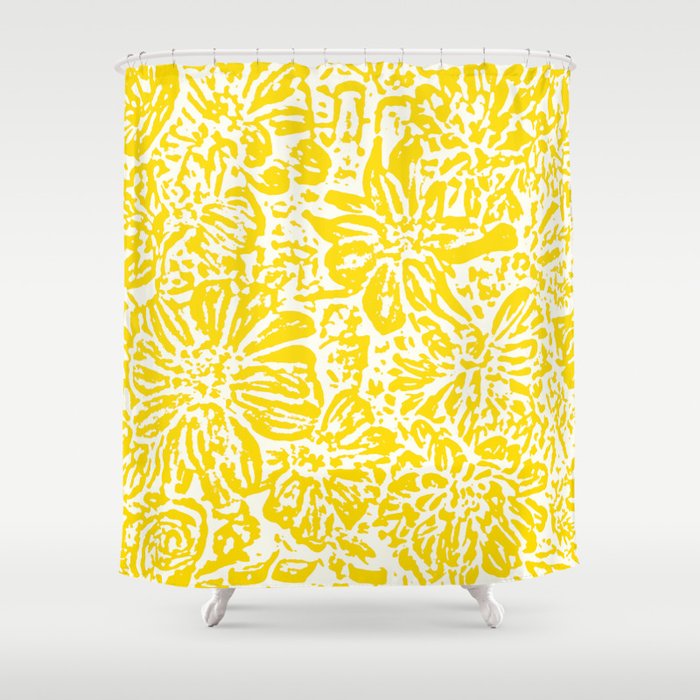 Gen Z Yellow Marigold Lino Cut Shower, Marigold Shower Curtain