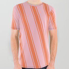 [ Thumbnail: Pink & Coral Colored Striped Pattern All Over Graphic Tee ]
