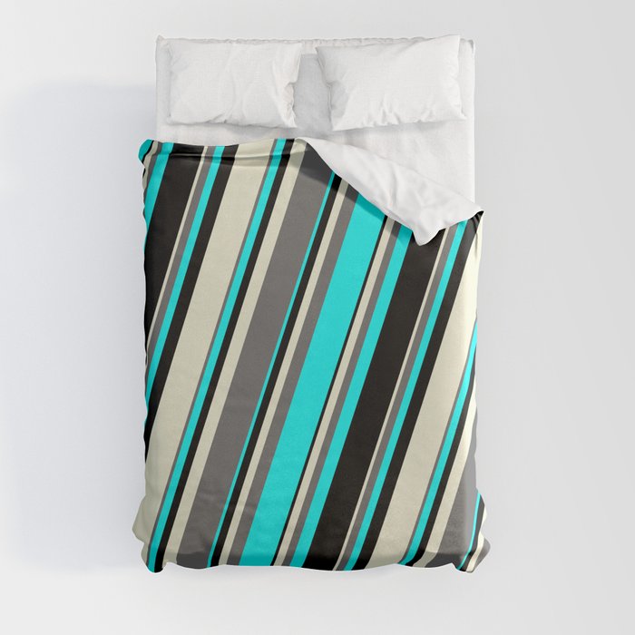 Beige, Dim Grey, Aqua & Black Colored Lines/Stripes Pattern Duvet Cover