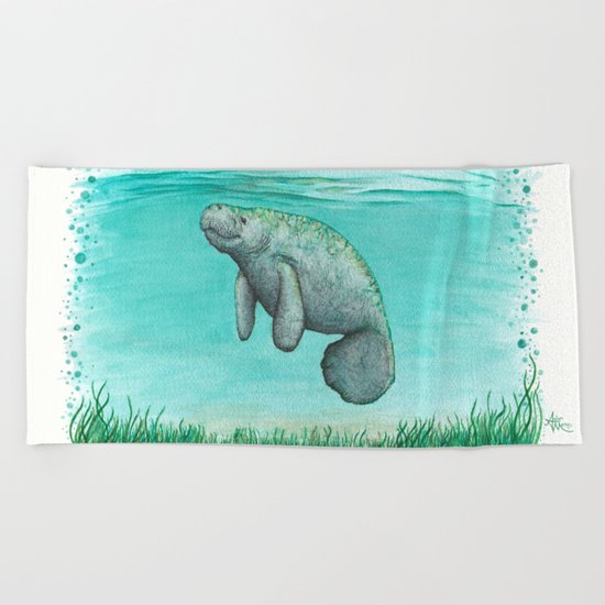 Mossy Manatee ~ Watercolor & Ink Painting by Amber Marine Beach Towel