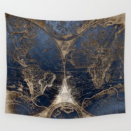 World Map Deep Blue and Gold Wall Tapestry