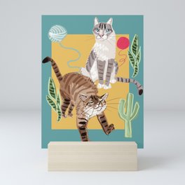 Whiskers and Yarn cadet blue Mini Art Print