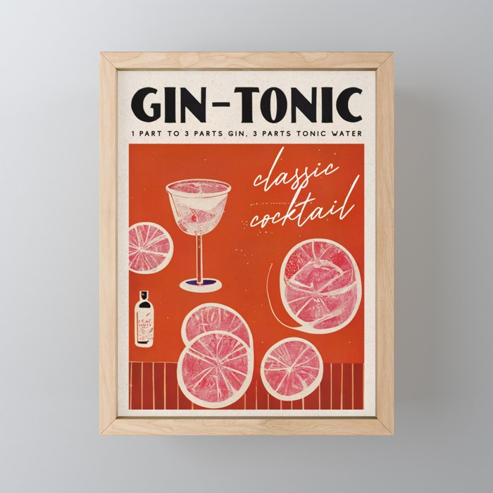 Drinks, Recipe, Gin Retro Vintage Red Poster Wall Bar SipCircle Prints, Society6 Art Framed Cinema Art | Mini by Print Tonic