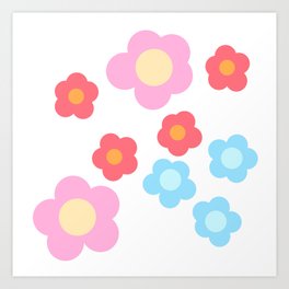 Simple Red Pink Blue Flowers on White Art Print