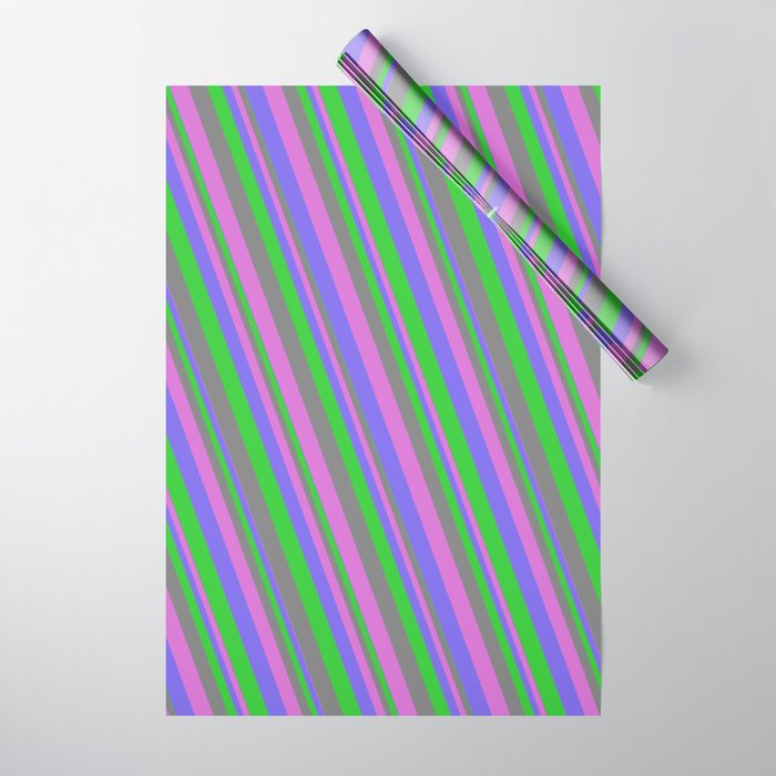Medium Slate Blue, Lime Green, Gray, and Orchid Colored Lined Pattern Wrapping Paper