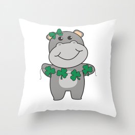 Hippo With Shamrocks Cute Animals For Luck Throw Pillow