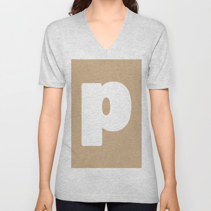 p (White & Tan Letter) V Neck T Shirt