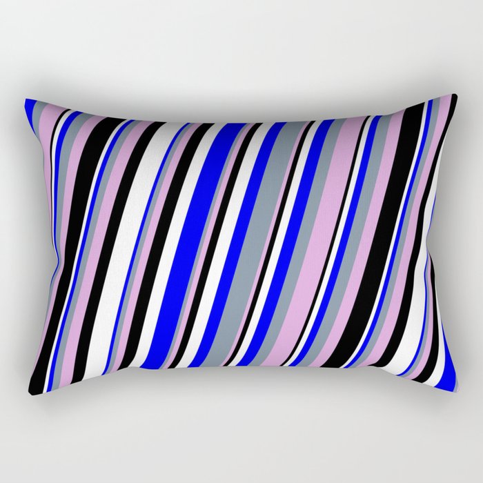 Blue, Light Slate Gray, Plum, Black & White Colored Stripes/Lines Pattern Rectangular Pillow