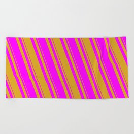 [ Thumbnail: Goldenrod and Fuchsia Colored Lined/Striped Pattern Beach Towel ]