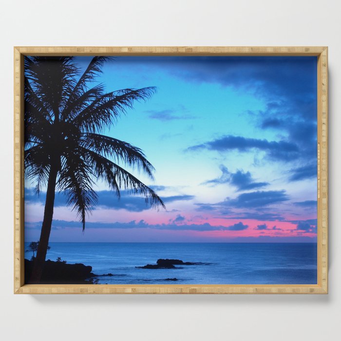 Tropical Island Beach Ocean Pink Blue Sunset Photo Serving Tray