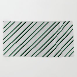 [ Thumbnail: Light Grey, Sea Green, and Black Colored Pattern of Stripes Beach Towel ]