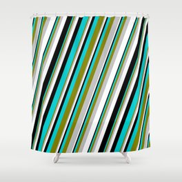 [ Thumbnail: Eye-catching Green, Grey, White, Black & Dark Turquoise Colored Pattern of Stripes Shower Curtain ]