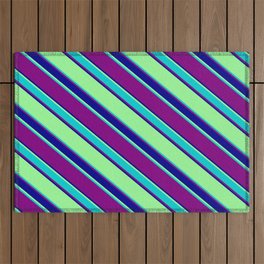 [ Thumbnail: Green, Dark Turquoise, Purple, and Dark Blue Colored Striped Pattern Outdoor Rug ]