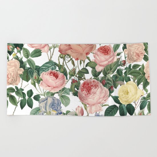Vintage Roses and Iris Pattern - Flower Dreams by #UtART Beach Towel