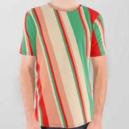[ Thumbnail: Red, Sea Green, Bisque & Light Salmon Colored Lines/Stripes Pattern All Over Graphic Tee ]