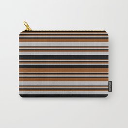 [ Thumbnail: Brown, Grey, and Black Colored Lines Pattern Carry-All Pouch ]