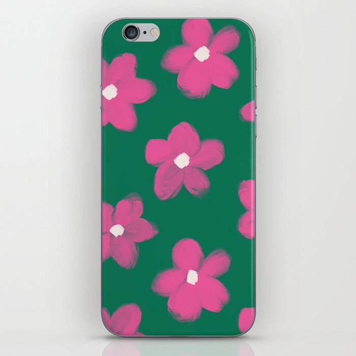70s 60s Bold Pink Flowers on Green iPhone Skin