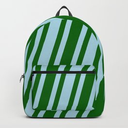 [ Thumbnail: Light Blue & Dark Green Colored Stripes Pattern Backpack ]