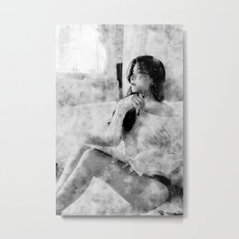Woman In White Long Sleeve Shirt Sitting On White Bed Metal Print