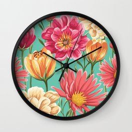 Kitschy Nineties Flower Pattern in Pink and Aqua Wall Clock