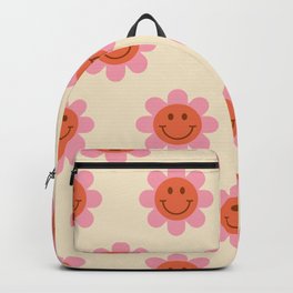 70s Retro Smiley Floral Face Pattern in Pink, Beige and Orange Backpack