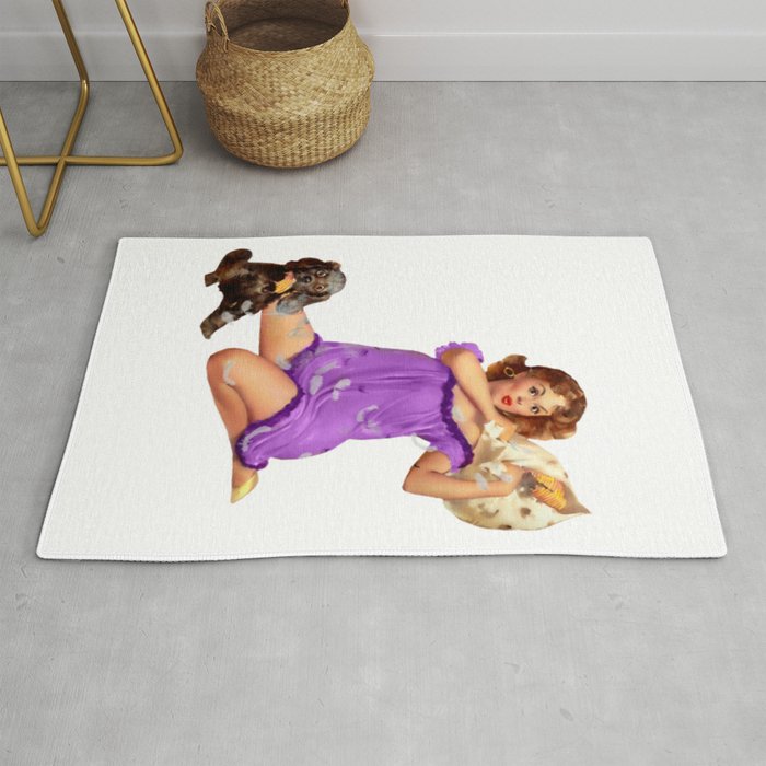 Sexy Vintage Pinup in Lingerie With a Lilly Dog And Feather Pillow Rug