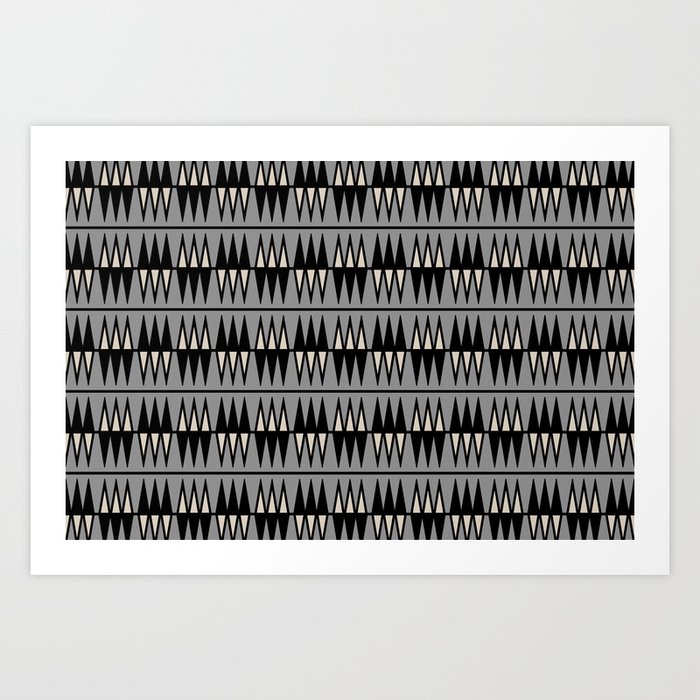 Retro Mid Century Atomic Tri-Diamond Pattern 421 Black Gray and Linen White Art Print