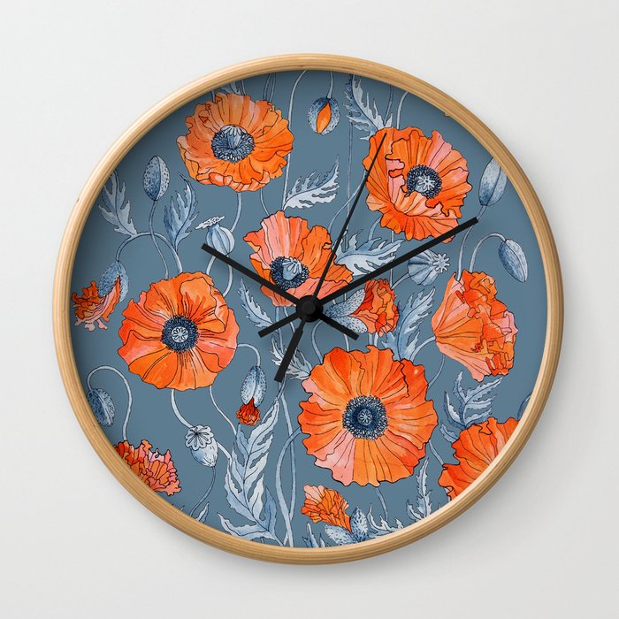 Red poppies in grey Wall Clock