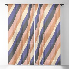 [ Thumbnail: Eye-catching Black, Dark Salmon, Chocolate, Beige, and Midnight Blue Colored Striped Pattern Sheer Curtain ]