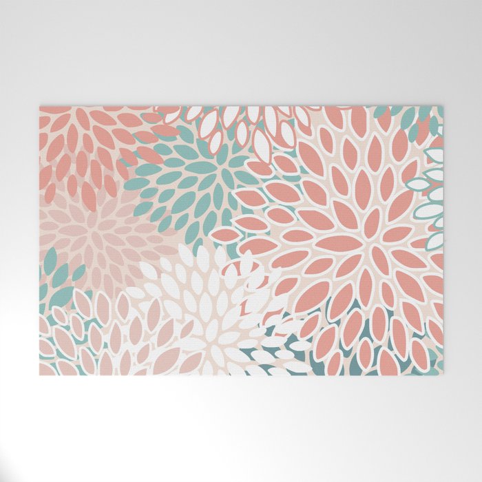 Festive, Floral Prints, Teal, Peach, Coral Welcome Mat