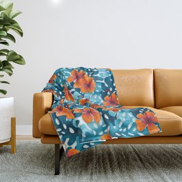 Tropical Hibiscus Pattern Orange Throw Blanket
