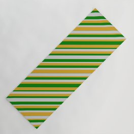[ Thumbnail: Green, Light Gray, and Goldenrod Colored Striped Pattern Yoga Mat ]